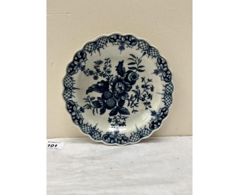 A Worcester dish, Dr. Wall first period, decorated in blue and white with the pine cone pattern. Underglaze crescent mark. 7½