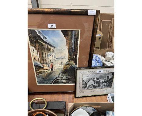A Nepalese school watercolour, street scene 15' x 10½'; together with a framed print of Cirencester