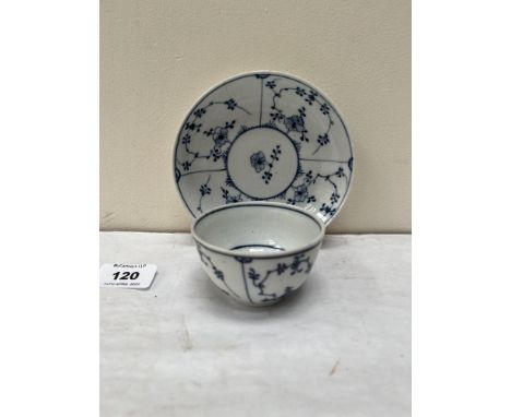 An 18th century blue and white tea bowl and saucer. Probably Worcester. 