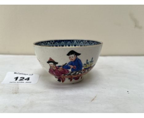 A Worcester chinoiserie polychrome decorated tea bowl. c.1770. Crescent mark in underglaze blue. Tiny chip to foot rim