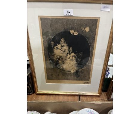 A watercolour drawing of Stokesay Castle signed Arthur Sugden; a framed engraving of two cats and a Baxter print (3)