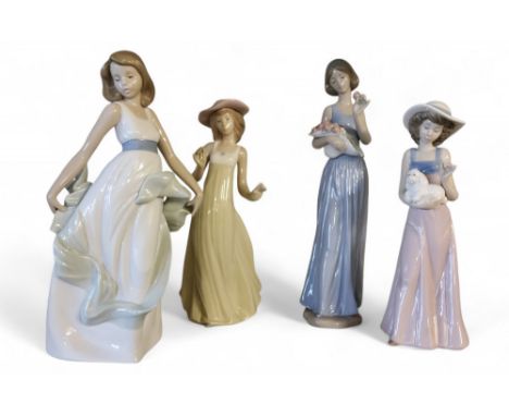A Nao figure, of a lady with roses, 32.5cm high, printed mark, 1350;&nbsp; others, 1343, 1158,&nbsp; various sizes (4) 