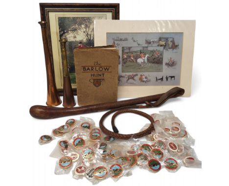 Local Interest - The Barlow Hunt - An early 20th century leather whip; hunting horns;&nbsp; The Barlow Hunt 1922 booklet, pub