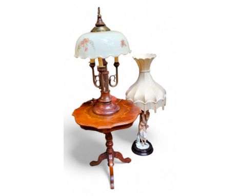 Lighting - A 20th century brass and wood table lamp with large hand painted glass shade; A Giuseppe Armani limited edition fi