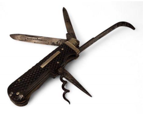 A horseman's pocket knife, stamped 'Bugle Knife' to main blade, horn scales, brass linings, stamped 'D Galloway &amp; Co. Edi