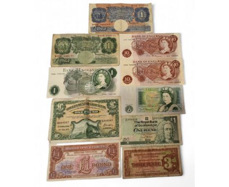 A Bank of England&nbsp;K O Peppiatt blue £1 note, red ser. no. D99E 945089, 1940-1948; Bank of Gibraltar One Pound, G944547, 