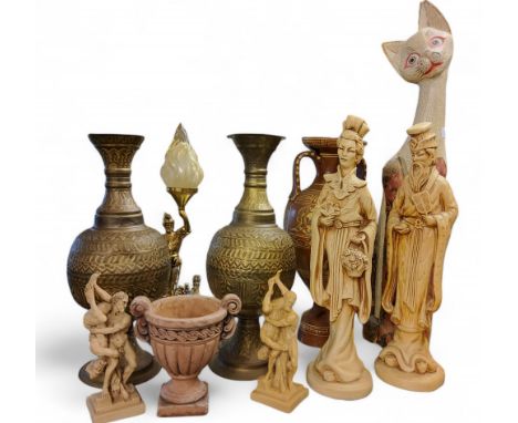 A gilt metal figural side light;&nbsp; two Persian brass floor vases; resin oriental figures;&nbsp; etc 