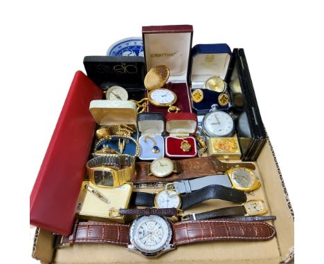 A Certina gold plated full hunter pocket watch on Albert, boxed; Rotary Incabloc wind-up wristwatch; Ingersoll, Accurist, Sek