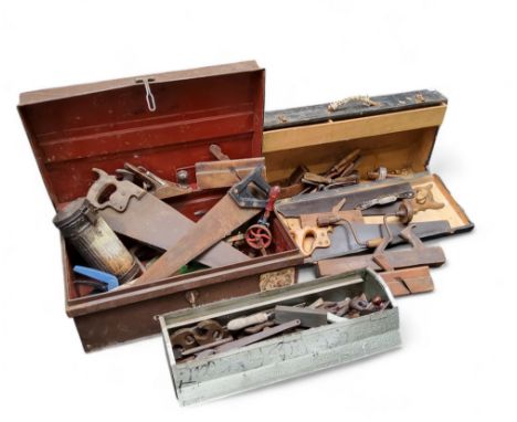 Tools - a woodworking tool case and others including 19th century saws, planes, spanners, and later 