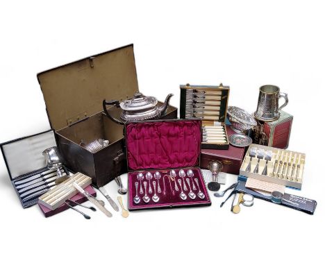 Flatware - a Sterling silver spoon;&nbsp; sifter spoons, a set of twelve teaspoons, sugar bows ensuite, cased; a half fluted 