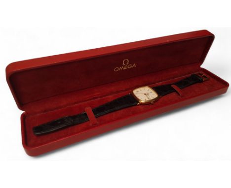 An Omega DeVille gold plated gentleman's wristwatch, Swiss quartz movement, white dial, Roma numerals, outer minute track, da