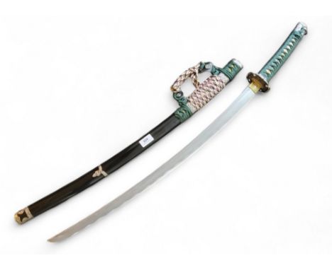 A modern Japanese Samurai sword, cast alloy subha tsuba,&nbsp; simulated shark skin handle, black saya  For Decorative Purpos