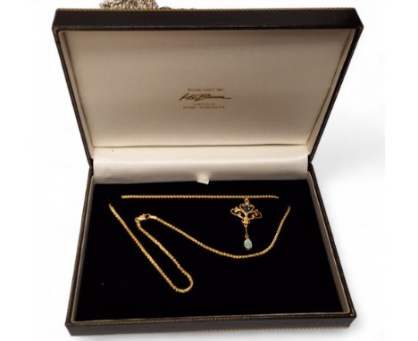 An 18ct gold spiga link necklace; a 18ct gold Art Nouveau style drop pendant set with an oval sapphire, two diamond chips and