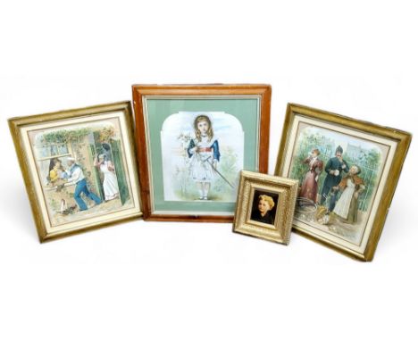 Pictures &amp; Prints - a late Victorian chrystoleum portrait of a young girl, bold gilt frame; Three Edwardian advertisement