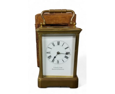 A French brass cased carriage clock, beveled glass panels,&nbsp; retailer&nbsp; P. Orr &amp; Sons, Madras &amp; Rangoon, 19cm