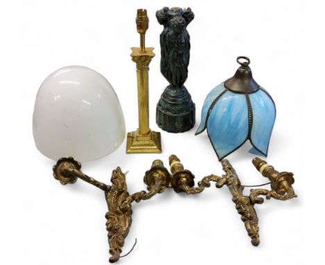 Lighting - a frosted white glass ceiling dome, 28cm high,&nbsp; c.1930;&nbsp; &nbsp;a blue marbled leafy ceiling light, 32cm 
