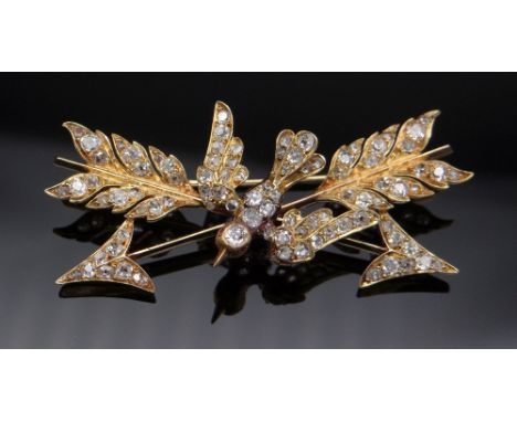 VICTORIAN DIAMOND ENCRUSTED DOVE & CROSSED ARROWS BROOCH, yellow metal, the dove set with ruby eyes, c. 1860, 5.6cms wide, 12
