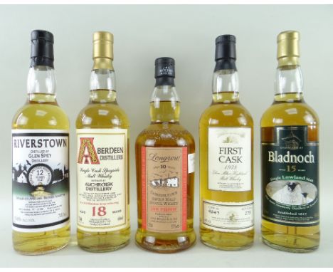 FIVE SINGLE MALT WHISKY EXPRESSIONS comprising Bladnoch aged 15 years single Lowland malt, 55% vol, 70cl, Riverstown 12 years