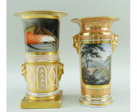 BARR, FLIGHT &amp; BARR CYLINDRICAL PORCELAIN VASE, painted with view of figure on horseback on bridge with manor house above