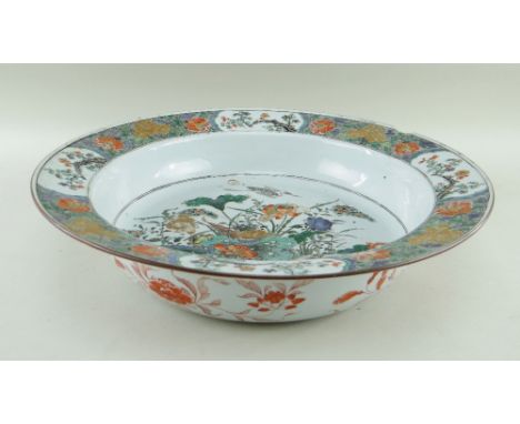 RARE CHINESE FAMILLE VERTE PORCELAIN 'LOTUS POND' BASIN, Kangxi, centre decorated with lotus pond with pair of Manchurian cra