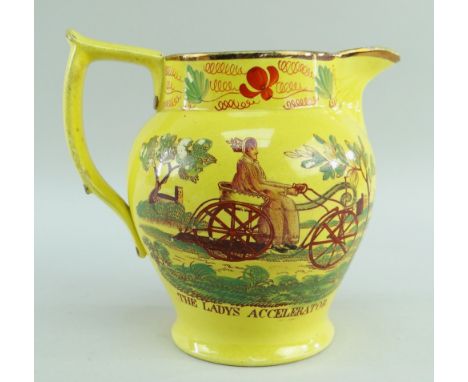 RARE STAFFORDSHIRE 'DANDY-HORSE' &amp; 'ACCELERATOR' CANARY YELLOW PRINTED JUG, c.1820, foliate painted neck above titled sce