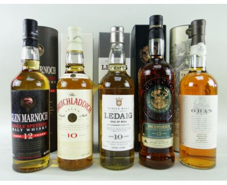 FIVE SINGLE MALT SCOTCH WHISKY EXPRESSIONS comprising Glen Marnoch single Speyside malt whisky ages 12 years, 40% vol, 70cl, 