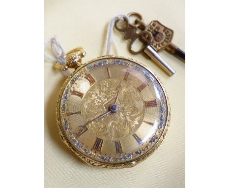 EARLY VICTORIAN 18CT GOLD OPEN FACED POCKET WATCH, having Roman numeral chapter ring, engraved initials to back cover, the mo