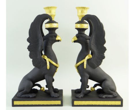 PAIR WEDGWOOD MASTERPIECE COLLECTION BLACK BASALT 'GRIFFIN' CANDLESTICKS, limited edition no. 23/35 &amp; 24/35, each with sc