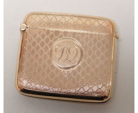 GEORGE V 9CT GOLD VESTA CASE, overall engine turned with engraved initials, Birmingham 1925, 25.0gms Provenance: deceased est