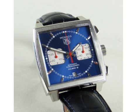 TAG HEUER MONACO CHRONOGRAPH WRISTWATCH, ref. CAW2111-0, jewelled Cal:12 automatic movement, blue dial with white subsidiary 