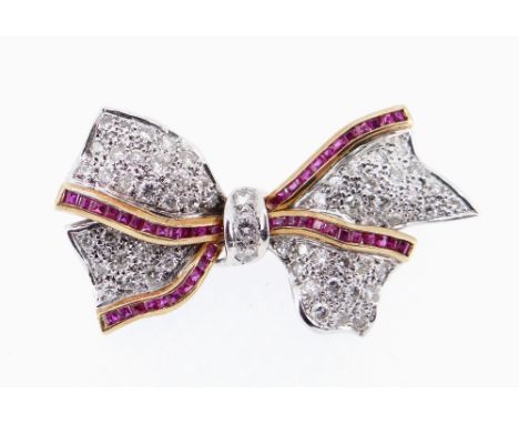 18CT WHITE GOLD DIAMOND &amp; RUBY BAR BROOCH, of bow design with border of rubies, 4.2cms wide, 11.9gms, in Kayes of Chester