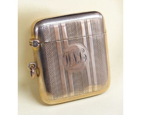 GEORGE V 9CT GOLD VESTA CASE of square shape, engine turned, engraved initials 'W. N. L.', Birmingham 1919, 25.6gms Provenanc