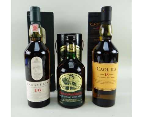 THREE ISLAY SINGLE MALT WHISKY EXPRESSIONS comprising Lagavulin aged 16 years scotch whisky, 43% vol, 70cl in original box, B
