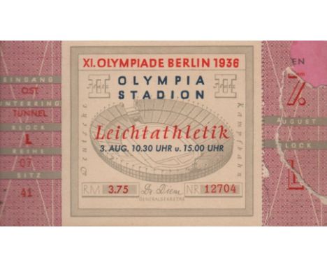  BERLIN OLYMPICS: A rare printed oblong 12mo card booklet containing six ticket stubs for the athletics events of 2nd - 9th A