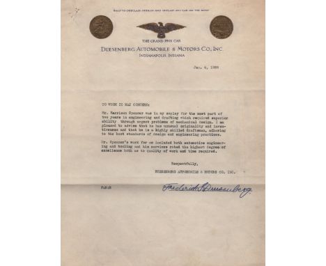 DUESENBERG FREDERICK: (1876-1932) German Automobile Designer and Manufacturer. Scarce T.L.S., Frederick Duesenberg, one page,