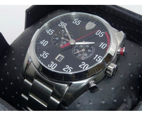 A fine Ferrari D50 gentleman’s wristwatch, black face with baton hands, seconds sweep in red and subsidiary split dials and d