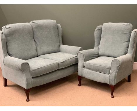 WINGBACK TWO SEATER SOFA &amp; MATCHING ARMCHAIR - floral decorated with slip over plain covers, 102cms H, 130cms W, 78cms D 