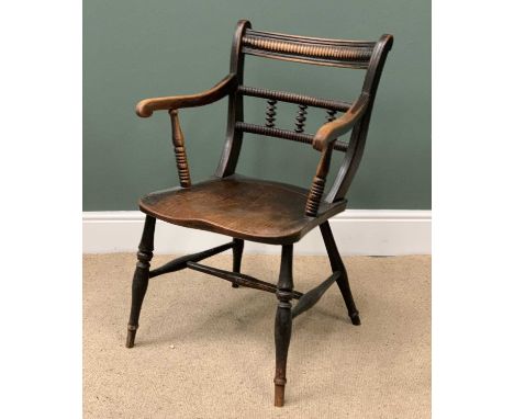 VINTAGE ELM ELBOW CHAIR with shaped and bobbin back, on turned supports, 84cms H, 85cms W, 37cms D