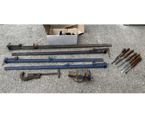 WORKSHOP TOOLS to include sash clamps, no. 3 vice, Record no. 103 pipe cutter, AL-KO towing ball and accessories and a quanti