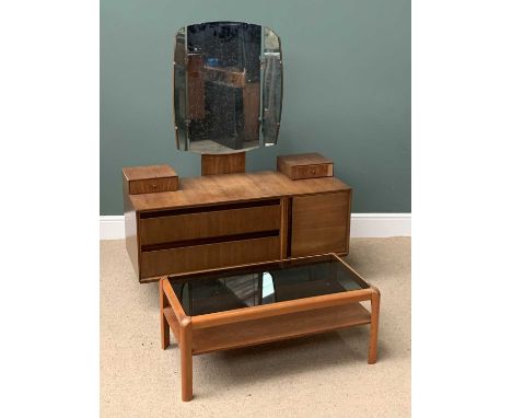 MID-CENTURY TYPE DRESSING TABLE by Meredew, 140cms H, 114cms W, 46cms D and a light wood smoked glass topped Long John coffee