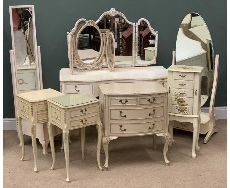 FRENCH PROVINCIAL TYPE BEDROOM FURNITURE to include dressing table, 145cms H, 120cms W, 56cms D, two bedside cabinets, a smal