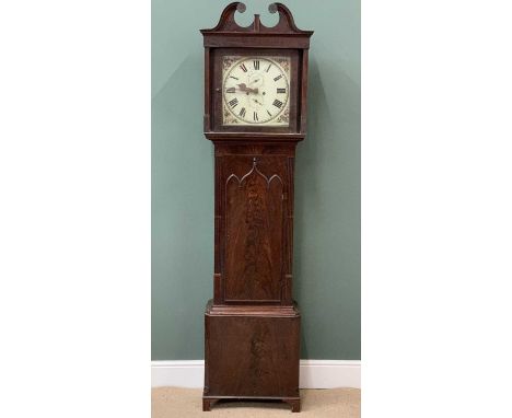 ANTIQUE MAHOGANY LONGCASE CLOCK with painted dial, eight day movement, no pendulum or weights 217cms H, 58cms W, 27cms D