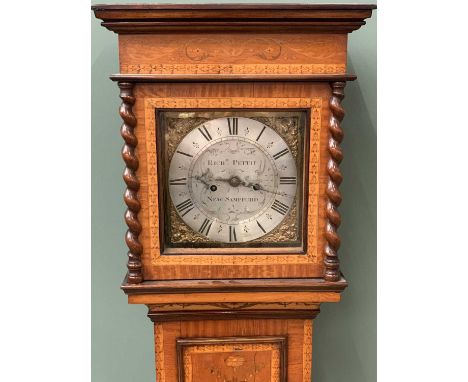 18th CENTURY INLAID WALNUT LONGCASE CLOCK, 10ins square silvered dial with pierced brass spandrels, signed Richard Pettit, Ne