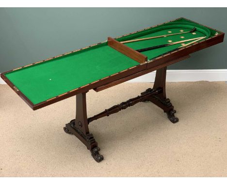 VICTORIAN MAHOGANY BAGATELLE FOLDING GAMES TABLE, the base with turned stretcher and scrolled feet, with accessories, 93cms H