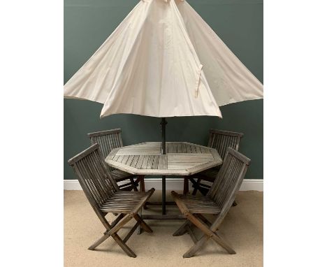 GARDEN FURNITURE - hardwood octagonal folding table, 75cms H, 120cms diameter, four accompanying folding chairs and a parasol