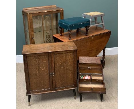 FURNITURE ASSORTMENT to include single door china cabinet, a polished two-door cupboard, barley twist gateleg table, work box