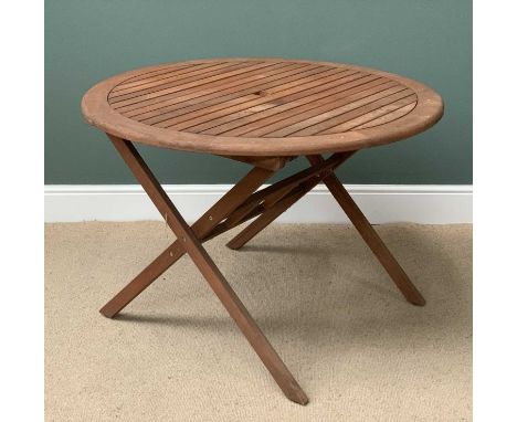 GARDEN FURNITURE - hardwood circular folding table, 74cms H, 107cms diameter