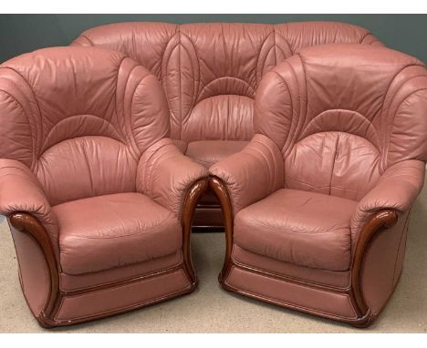 MODERN THREE PIECE SUITE, terracotta colour leather effect and wood, the sofa 97cms H, 200cms W, 85cms D and the pair of armc