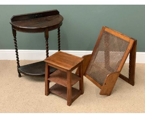 FURNITURE ASSORTMENT (3) to include cane folding backrest, barley twist demi-lune hall table and a rustic two tier side table