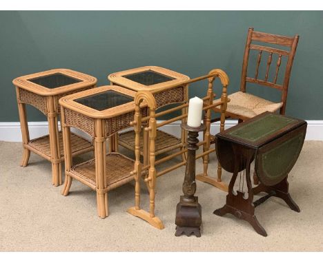 FURNITURE ASSORTMENT - a trio of bamboo/rattan occasional tables with lower tier shelf, 62cms H, 44cms W, 44cms D, a rush sea